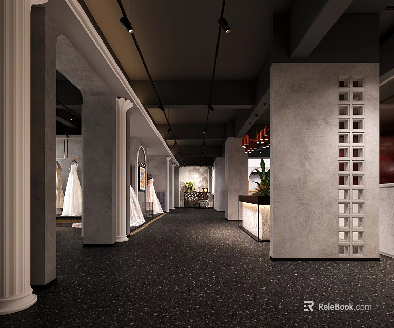 Bridal Shop Interior Featuring Displayed Wedding Gowns Columns Modern Lighting And Decor Elements 3d model 
