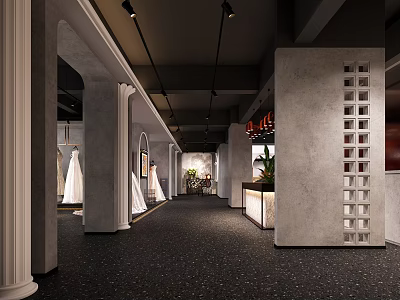 Bridal Shop Interior Featuring Displayed Wedding Gowns Columns Modern Lighting And Decor Elements 3d model
