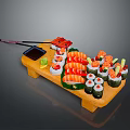Sushi Platter With Various Rolls Salmon And Vegetables On Wooden Tray With Chopsticks