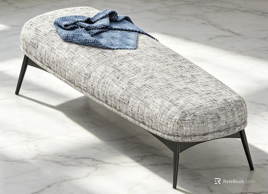 Gray Textured Fabric Sofa Bench With Blue Blanket Black Metal Legs On Marble Floor 3d model 