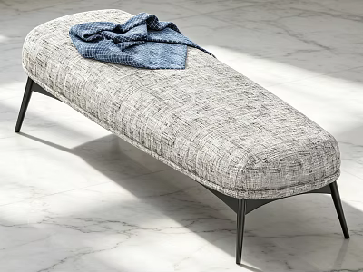 Gray Textured Fabric Sofa Bench With Blue Blanket Black Metal Legs On Marble Floor 3d model