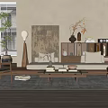 Modern Natural Sofa And Coffee Table Set With Decorative Painting Floor Lamp And Green Plant