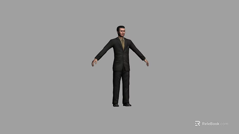 A Man Wearing a Black Suit with Arms Outstretched Against Gray Background 3d model 