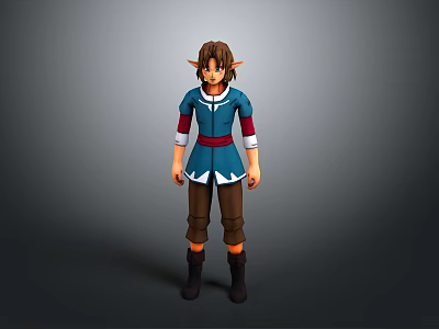 3D Fantasy Elf Character with Blue Tunic Red Sash Brown Pants and Boots 3d model