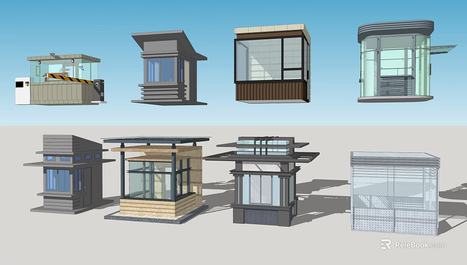 Various Modern Kiosk Designs With Glass Windows And Different Roof Structures 3d model 