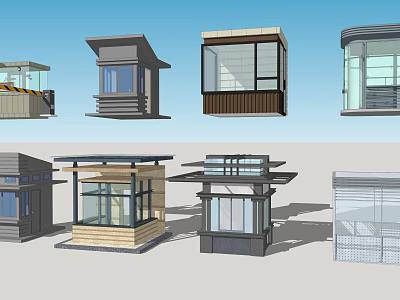 Various Modern Kiosk Designs With Glass Windows And Different Roof Structures 3d model