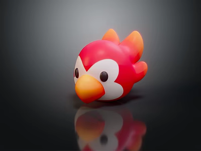 Red Orange Bird Toy With White Face Black Eyes On Black Surface With Reflection 3d model