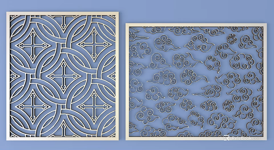 Decorative Room Divider With Laser Cut Geometric And Cloud Patterns For Interior Design 3d model
