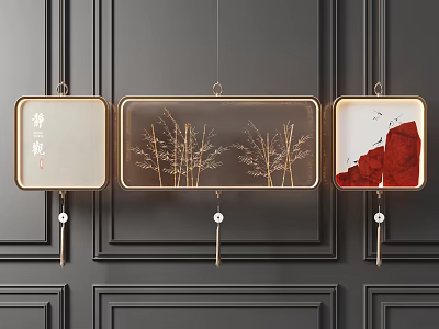 Decorative Chandeliers with Gold Frames Featuring Chinese Calligraphy Tree Branches Red Mountain on Dark Wall 3d model
