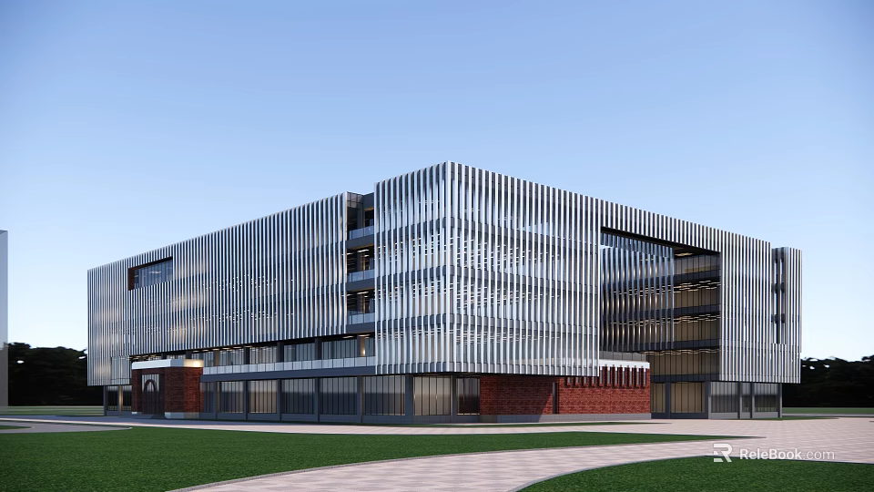 Modern Office Building with Glass Curtain Wall Metal Stripes Red Brick Base Lawn and Pathway 3d model 
