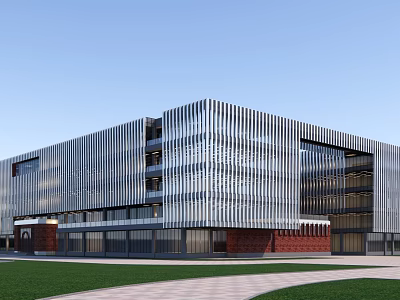Modern Office Building with Glass Curtain Wall Metal Stripes Red Brick Base Lawn and Pathway 3d model
