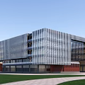 Modern Office Building with Glass Curtain Wall Metal Stripes Red Brick Base Lawn and Pathway
