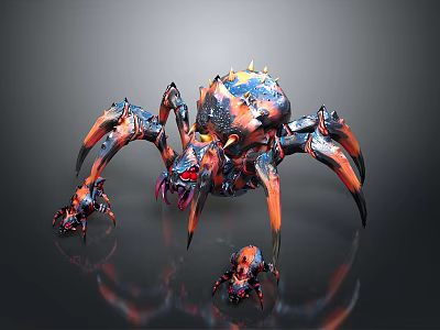 Colorful Fantasy Spider With Blue And Orange Spiked Body And Smaller Creatures 3d model