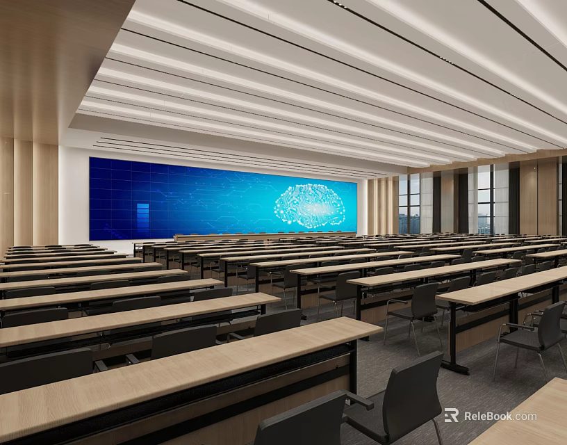 Spacious Modern Conference Room Interior With Long Tables Chairs And Large Screen 3d model 