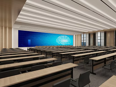 Spacious Modern Conference Room Interior With Long Tables Chairs And Large Screen 3d model