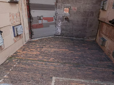 Living Supplies Including Air Conditioner Units in Narrow Alley Red Brick Flooring Old Weathered Walls 3d model