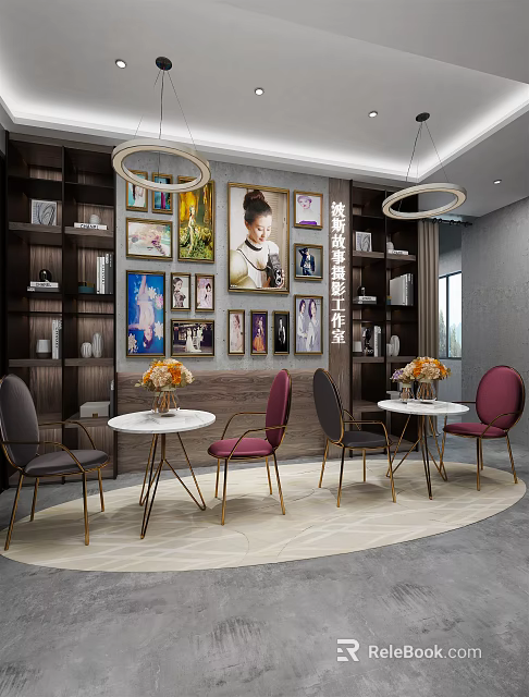 Hong Kong Movie Star Photography Studio Interior with Photo Wall Tables Chairs and Decorative Vases 3d model 