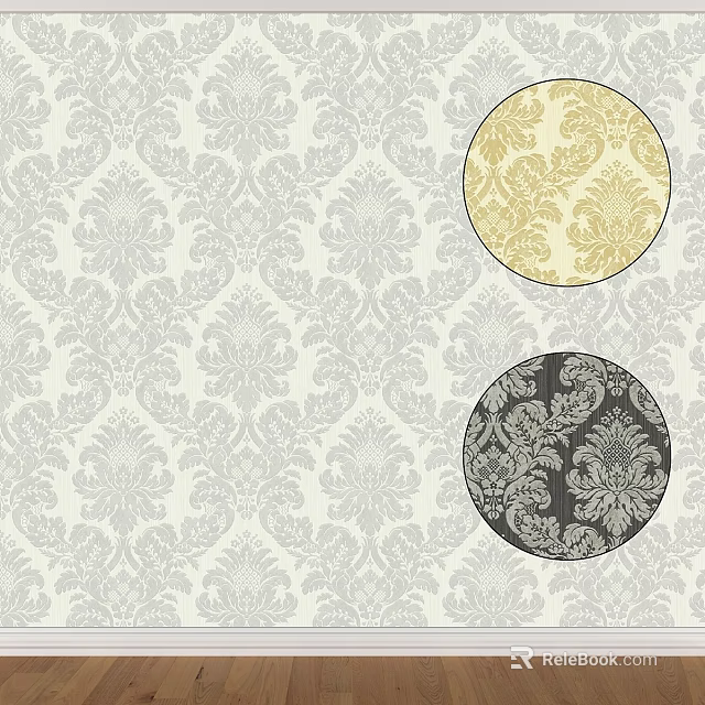 Elegant Light Gray Damask Wallpaper Patterns With Gold And Dark Gray Designs 3d model 