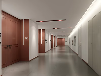 Hotel Corridor With Wooden Doors White Walls Gray Floor And Ceiling Lights 3d model