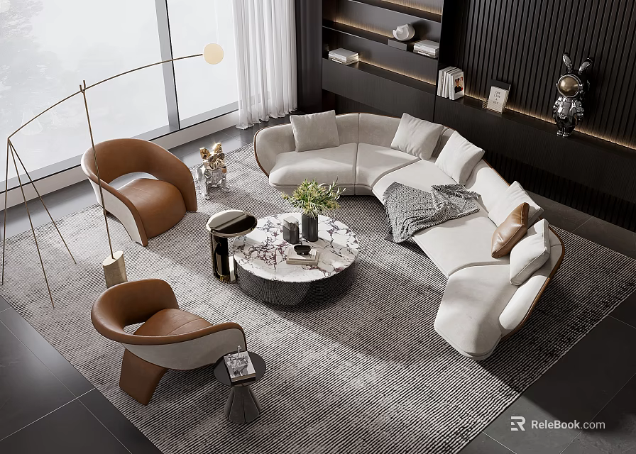 Elegant Modern Living Room With White L-shaped Sofa Round Coffee Table And Brown Armchairs 3d model 