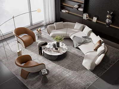 Elegant Modern Living Room With White L-shaped Sofa Round Coffee Table And Brown Armchairs 3d model