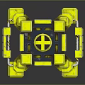 Yellow Mechanical Cube Structure With Support Arms And Black Striped Details 3d model