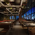 Restaurant Interior Design With Circular Golden Framed Mirror Green Plant And Dining Tables