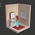 Bathroom Interior With Girl Washing Hands At Sink Mirror Window And Red Rug