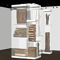 Unique Wooden Sculptures Showcased On Transparent Display Shelves In Exhibition Space With Lighting