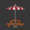 Outdoor Wooden Picnic Table Furniture With Round Tabletop Red White Striped Umbrella And Benches