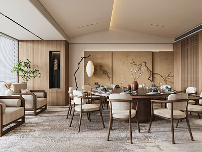 Elegant Chinese Style Private Dining Room With Wooden Decor Round Table And Chairs 3d model