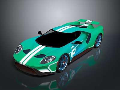 Green Sports Car With White Stripes Rear Spoiler And Blue Alloy Wheels 3d model