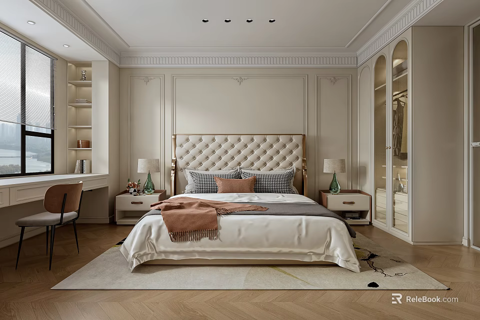 Elegant Modern Bedroom Interior With Tufted Headboard White Bedding Bedside Tables And Window Bookshelf 3d model 