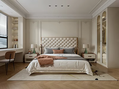 Elegant Modern Bedroom Interior With Tufted Headboard White Bedding Bedside Tables And Window Bookshelf 3d model