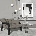 Modern Beige Upholstered Lounge Chair with Round Pendant Lights Abstract Painting and Side Table