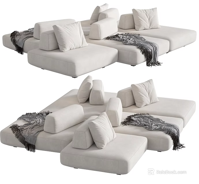 Comfortable Modern Beige Sectional Sofa With Soft Pillows And Cozy Blankets 3d model