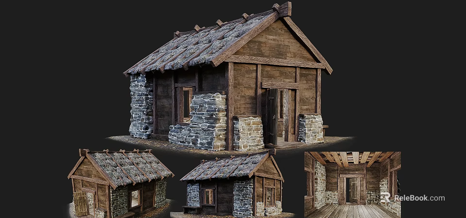 Ancient Building With Thatch Roof Stone Walls Wooden Door And Interior Details 3d model 