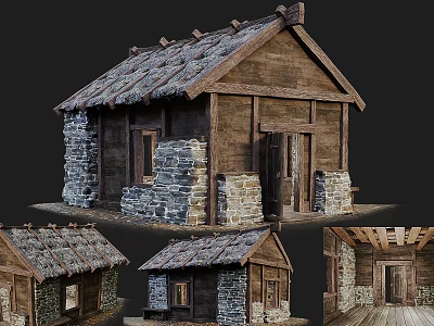 Ancient Building With Thatch Roof Stone Walls Wooden Door And Interior Details 3d model