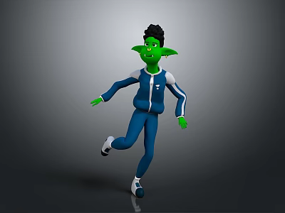 Green Skinned Creature With Pointed Ears Wearing Blue Tracksuit Running On Gray Background 3d model