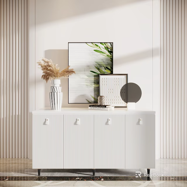White Entryway Cabinet Sideboard With Vertical Striped Design Decorative Vase Dried Flowers And Wall Art 3d model 