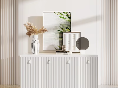 White Entryway Cabinet Sideboard With Vertical Striped Design Decorative Vase Dried Flowers And Wall Art 3d model