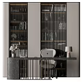 Modern Office Desk Interior With Laptop Lamp Potted Plant Chair And Bookshelves