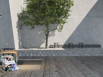 Garden Landscape Featuring Gray Walls Green Tree Black Stools Stone Paved Area And Wooden Deck 3d model