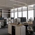 Modern Office Interior Design With Desks Computers Office Chairs Bookshelves And Large Windows