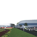 Modern Curved Roof Building With Green Lawn Pedestrians And Outdoor Space Area
