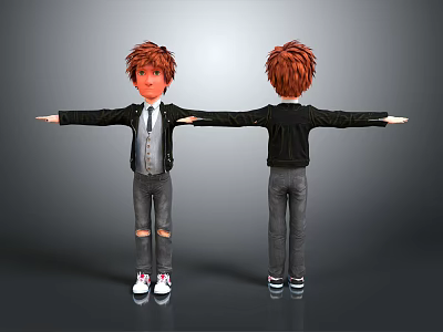 3D Character With Red Hair Front Back View Black Jacket Gray Ripped Jeans White Sneakers 3d model