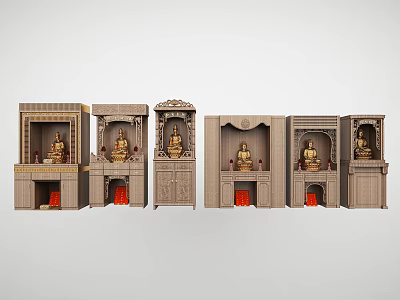 Traditional Wooden Buddhist Shrine Cabinets With Buddha Statues And Red Decorations 3d model