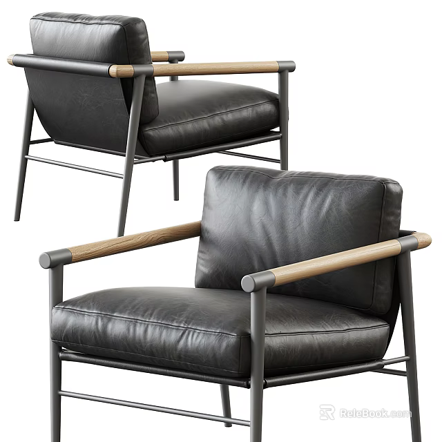 Modern Leisure Chair With Black Leather Upholstery Wooden Armrests And Metal Frame 3d model 
