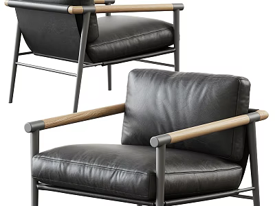 Modern Leisure Chair With Black Leather Upholstery Wooden Armrests And Metal Frame 3d model