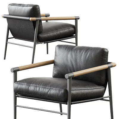 Modern Leisure Chair With Black Leather Upholstery Wooden Armrests And Metal Frame 3d model